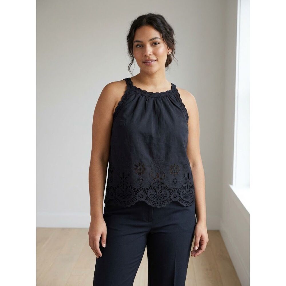 Talbots Black Eyelet Lace-Trim Camisole Tank Top Petite M 100% Cotton Romantic